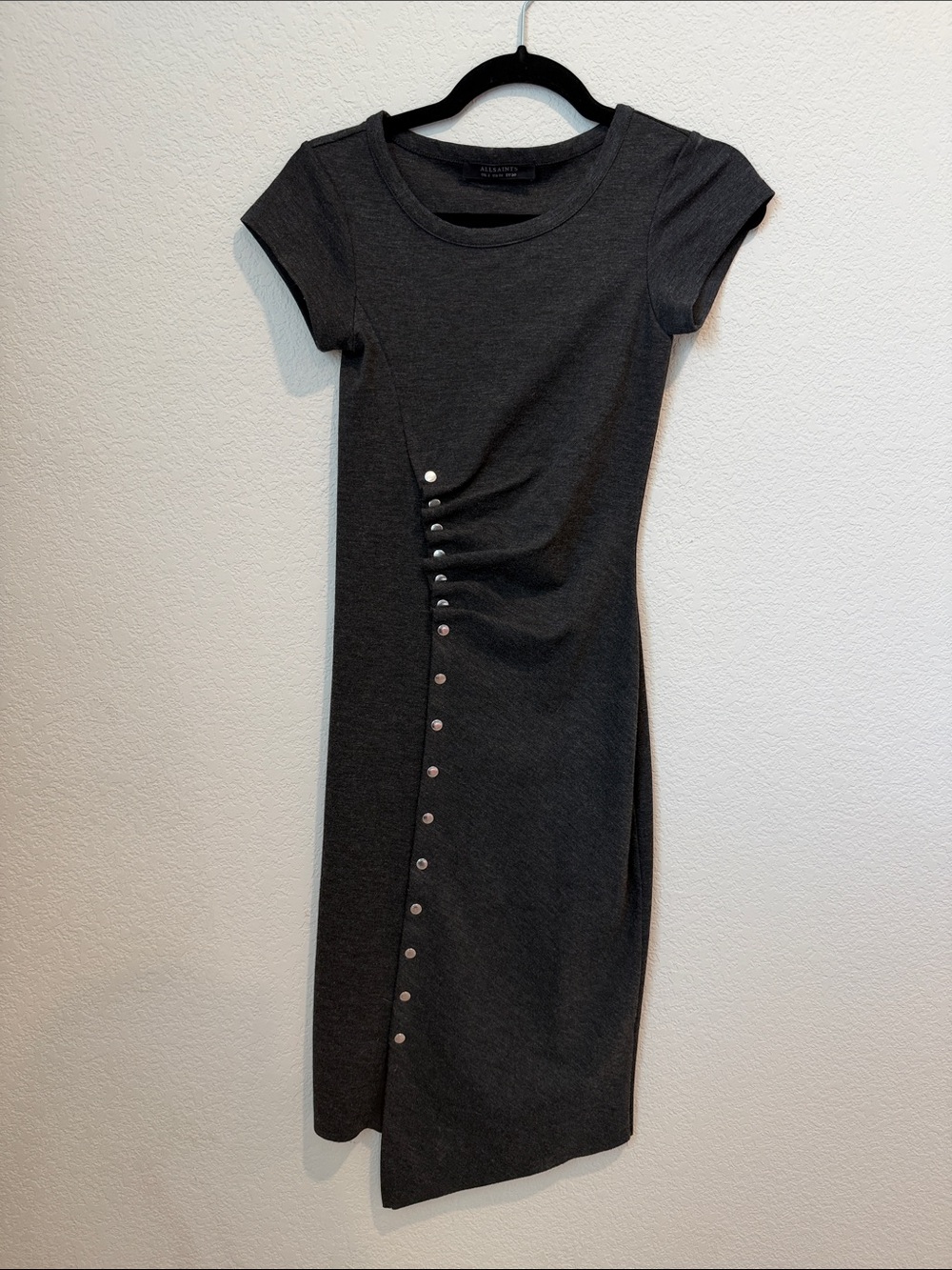 All Saints Charcoal Cap-Sleeve Studded Midi Dress